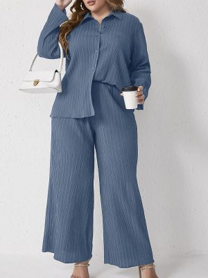 Plus Size Pleated Shirt & High Waist Trousers Set – Two Piece