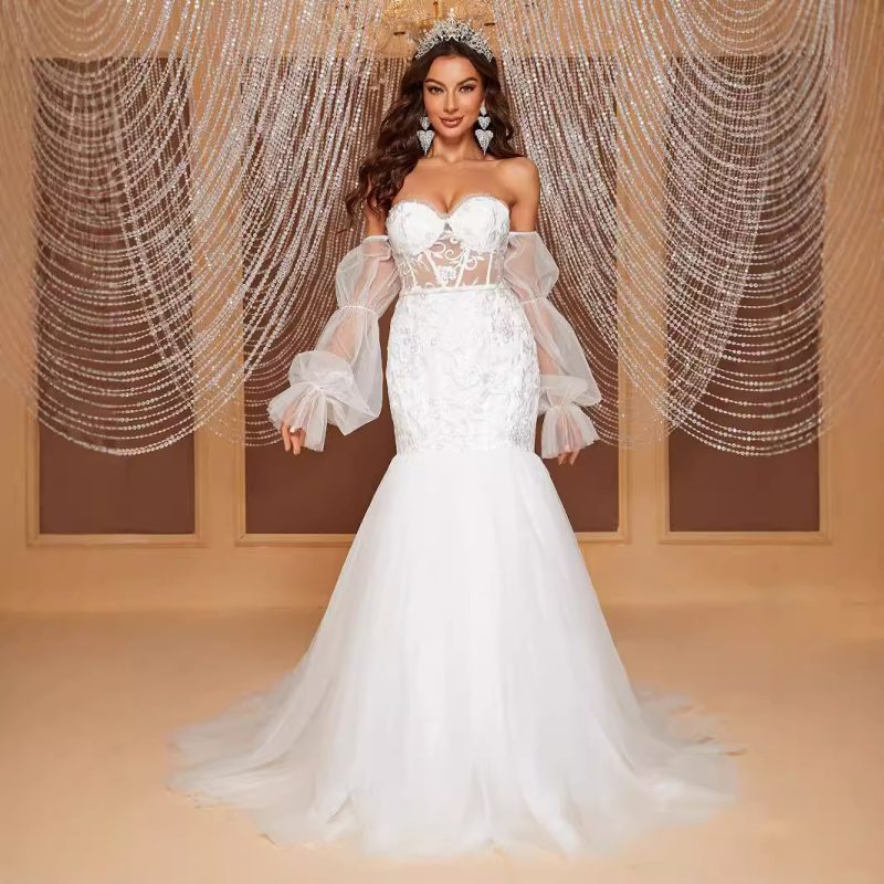 Elegant Off-Shoulder Tube Top Hollow Out Cutout Fishtail Bridal Wedding Dress - Image 5