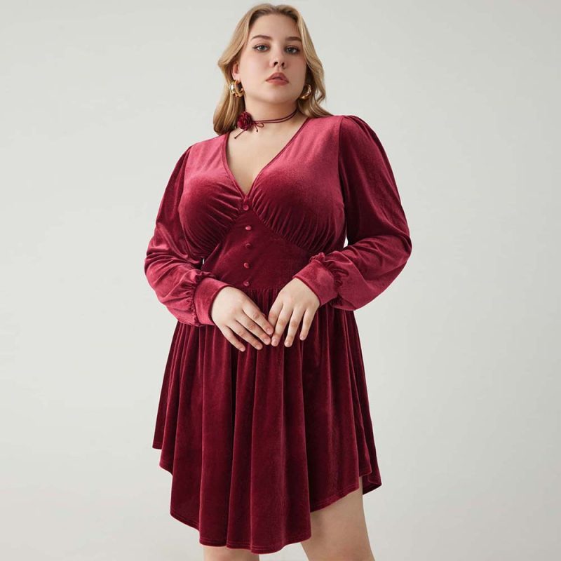 Plus Size V-Neck High Waist Wine Red Elegant Dress - Image 3