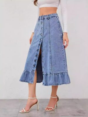 High-Waist A-Line Denim Skirt with Fishtail & Ruffles