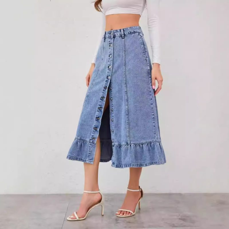 High-Waist A-Line Denim Skirt with Fishtail & Ruffles