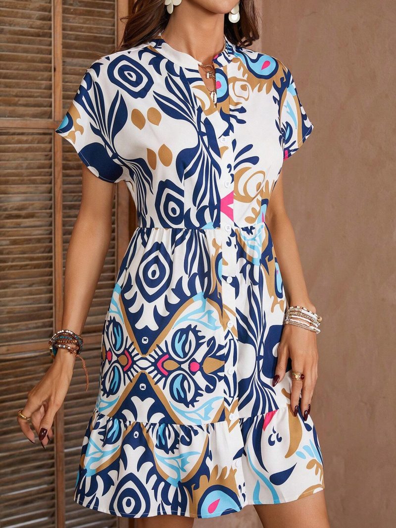 Batwing Sleeve Printed Ruffle Dress - Elegant Short Hem Dress - Image 6