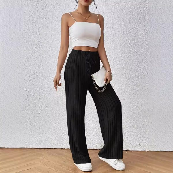 Knitted Wide Leg Trousers - Knot Waist, Elastic High-Waist Casual Pants - Image 3