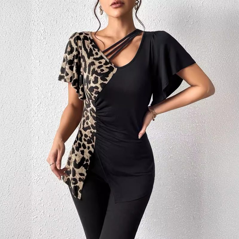 Leopard Print Asymmetric Collar Butterfly Sleeve Patchwork Top - Image 4