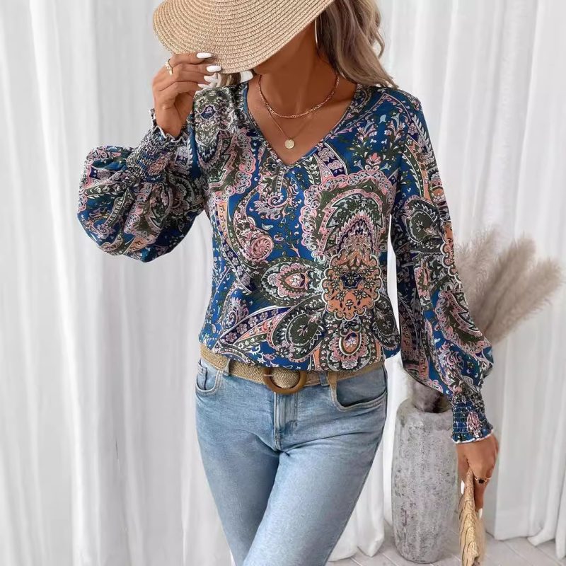 Elegant V-Neck Printed Lantern Sleeve Long Shirt Top for Women - Image 3