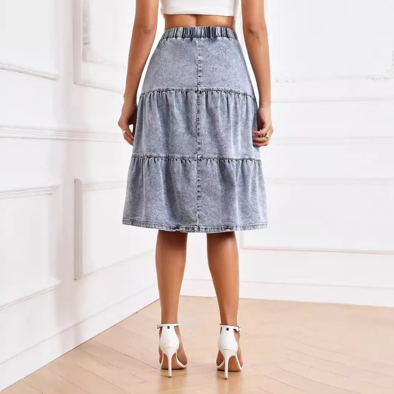 Elegant Midi Denim Skirt with Elastic Waistband - Summer Style - Image 2
