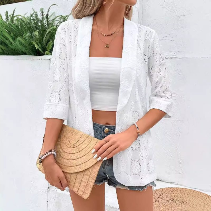 Elegant Lace Sleeve Collared Top - Solid Color Autumn Winter Women’s Wear - Image 3
