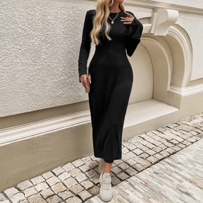 Women’s Autumn Winter Slim Fit Flared Sleeves Solid Color Knitted Dress - Image 3