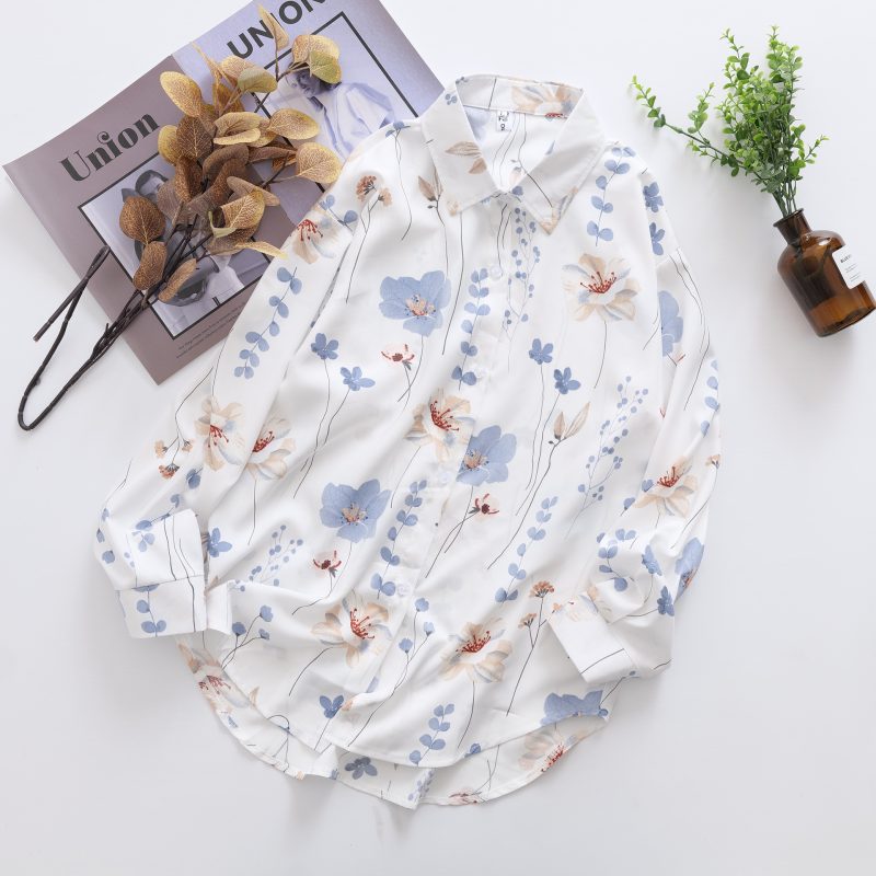 Floral Print Loose Collared Long Sleeve Shirt - Women’s Top - Image 3