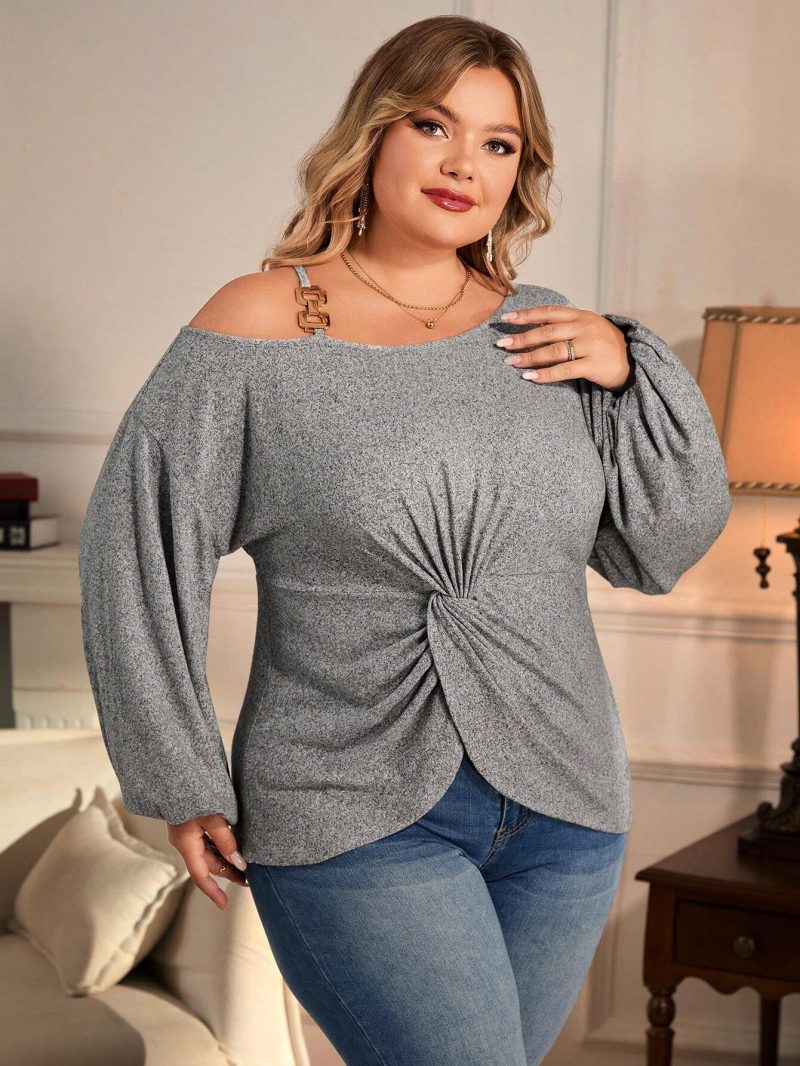 Plus Size Elegant Diagonal Collar T-Shirt - Slim Fit, Autumn/Winter - Image 2