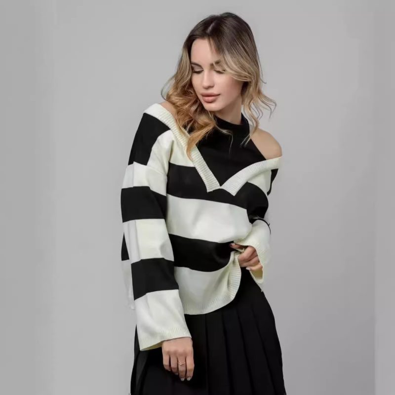 Retro Western Off-Shoulder Striped Sweater - Faux Two-Piece - Image 4