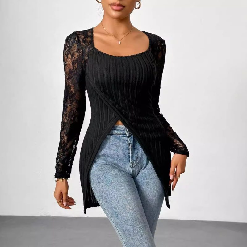 Lace Stitching Asymmetric Hem Top - Slim Fit Long Sleeve Women’s T-Shirt - Image 3