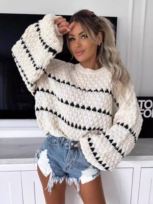 Thick Twist Stripe Sweater – Round Neck Autumn Winter