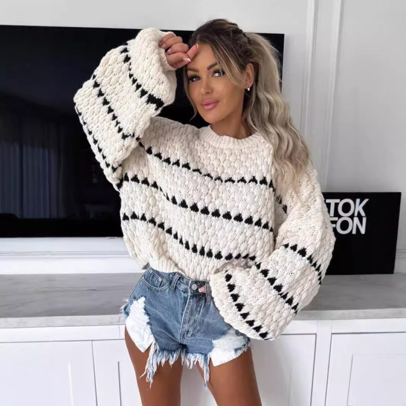 Thick Twist Stripe Sweater - Round Neck Autumn Winter