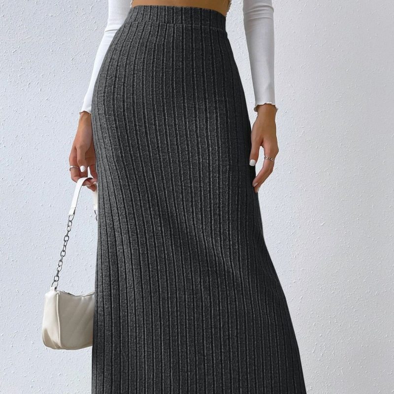 High Waist Slim Fit Knitted Skirt with Side Slit – Women's Fashion
