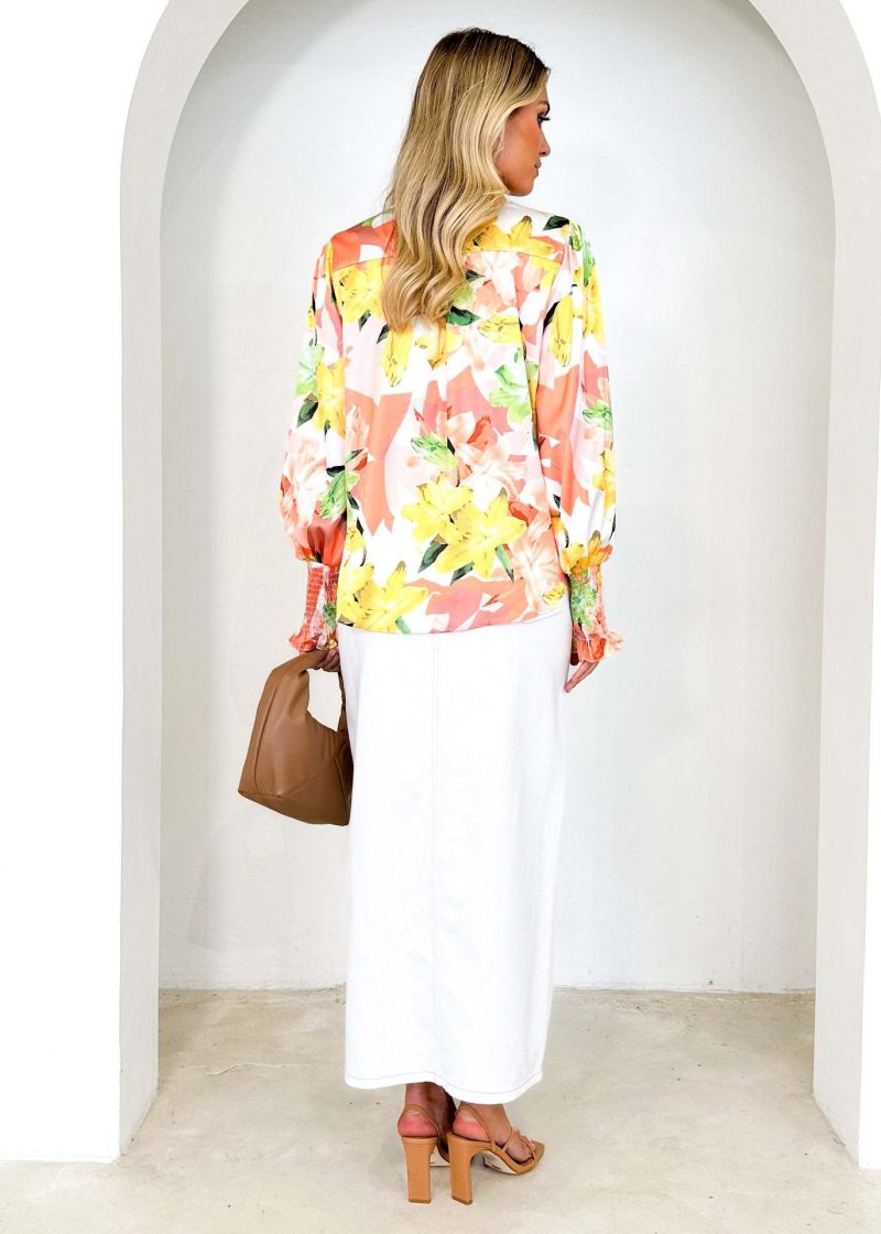 Printed Loose Lapel Top with Bishop Sleeves - Autumn Winter - Image 3