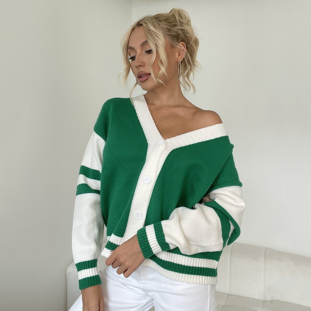 Contrast Color Cardigan - Loose Fit Knitted Autumn Winter Sweater - Image 2