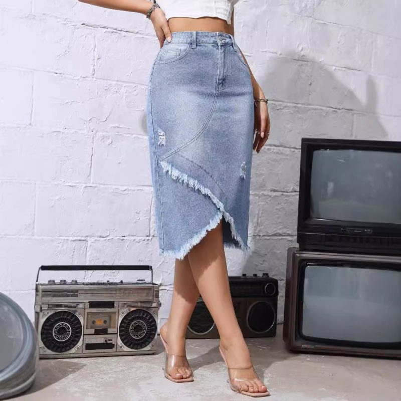Women's High-Waist Denim Skirt with Raw Hem and Split - Image 4