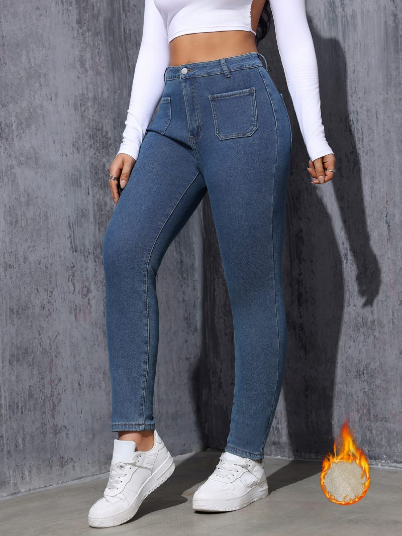 Fleece-Lined Skinny Stretch Denim Pants - Winter Warmth - Image 4