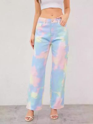 Rainbow Tie-Dye Jeans – Loose Fit Straight Trousers for Women