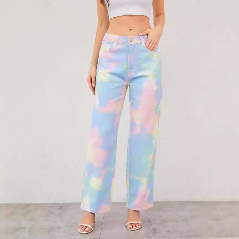Rainbow Tie-Dye Jeans - Loose Fit Straight Trousers for Women