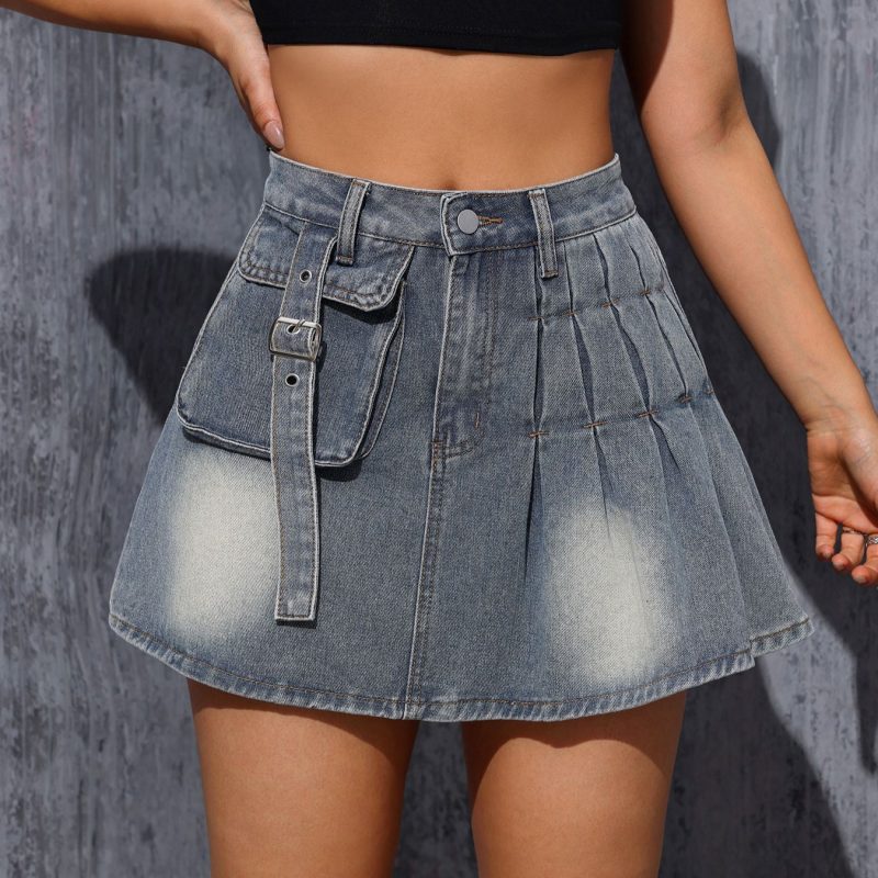 Retro A-Line Denim Short Skirt with Pockets - Summer Chic