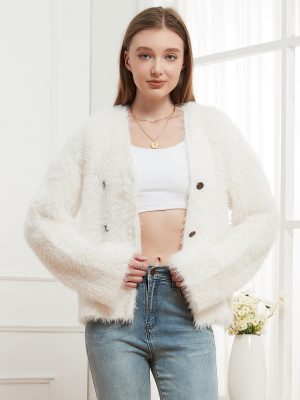 Mink-Like V Neck Knitted Cardigan – Casual Short Sweater Coat