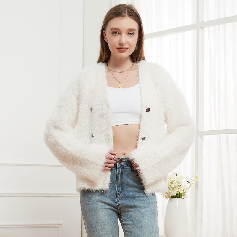 Mink-Like V Neck Knitted Cardigan - Casual Short Sweater Coat