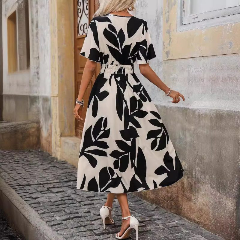 Cross Collar Belted Floral Print Dress - Elegant Summer Slit Dress - Image 2