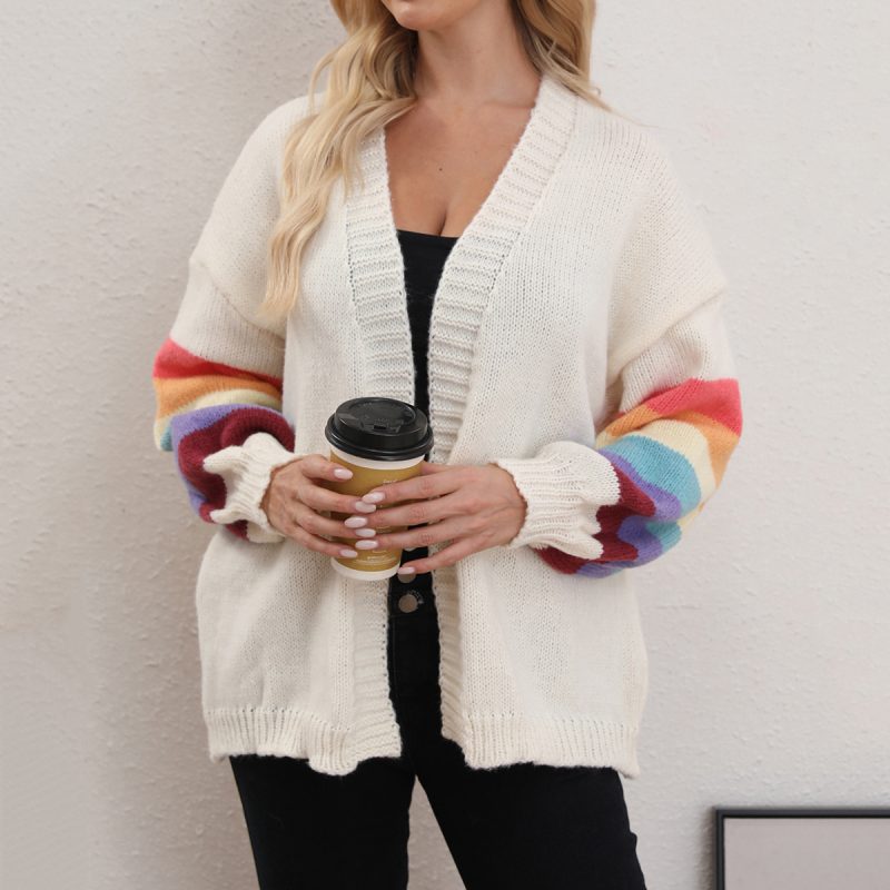 Solid Color Rainbow Stitching Cardigan - Autumn/Winter - Image 3
