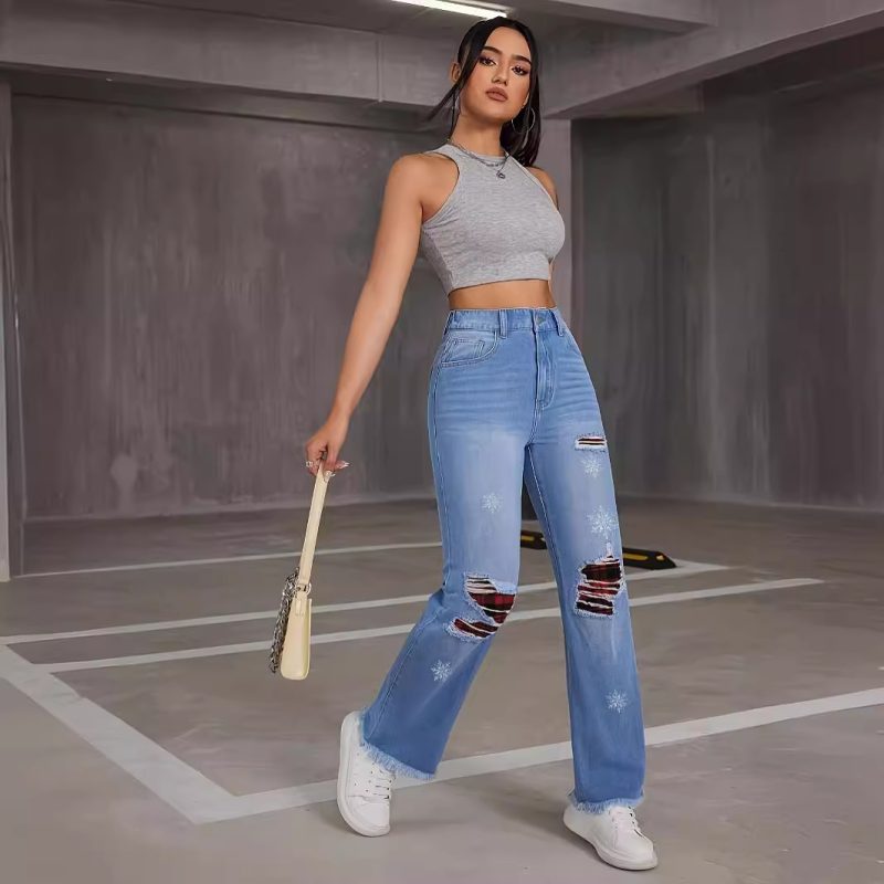 Trendy Plaid Ripped Jeans - Loose Fit for Autumn/Winter