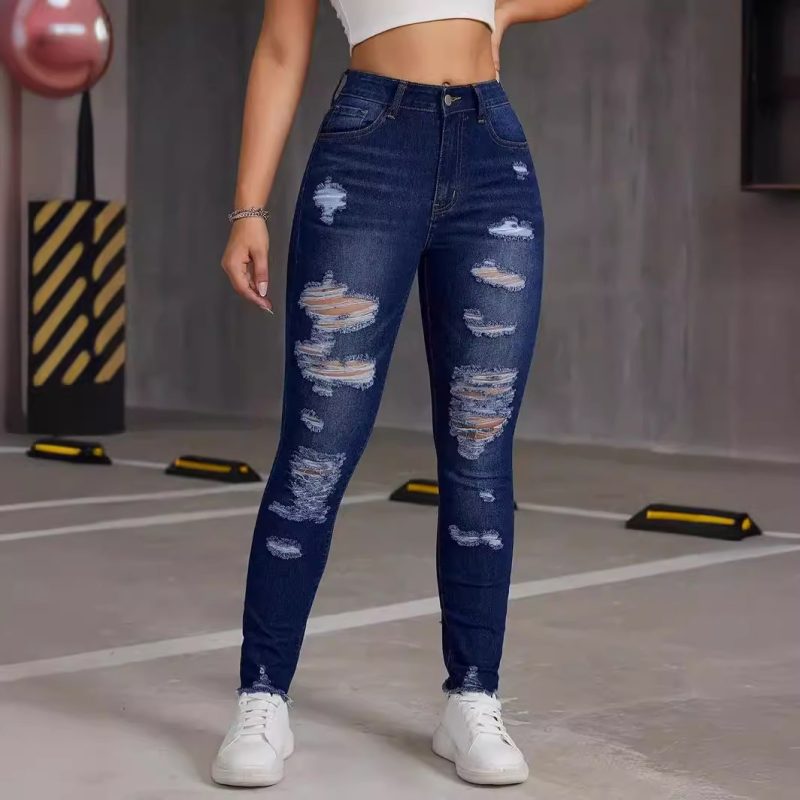 Trendy High Elastic Ripped Skinny Jeans for Women