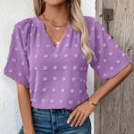 Women’s Comfortable Loose Jacquard V Neck Short Sleeved Top