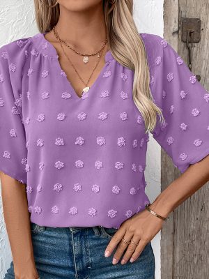 Women’s Comfortable Loose Jacquard V Neck Short Sleeved Top