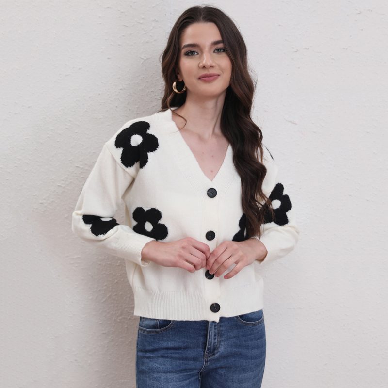 V-Neck Floral Knitted Cardigan - Autumn/Winter Sweet Sweater - Image 4