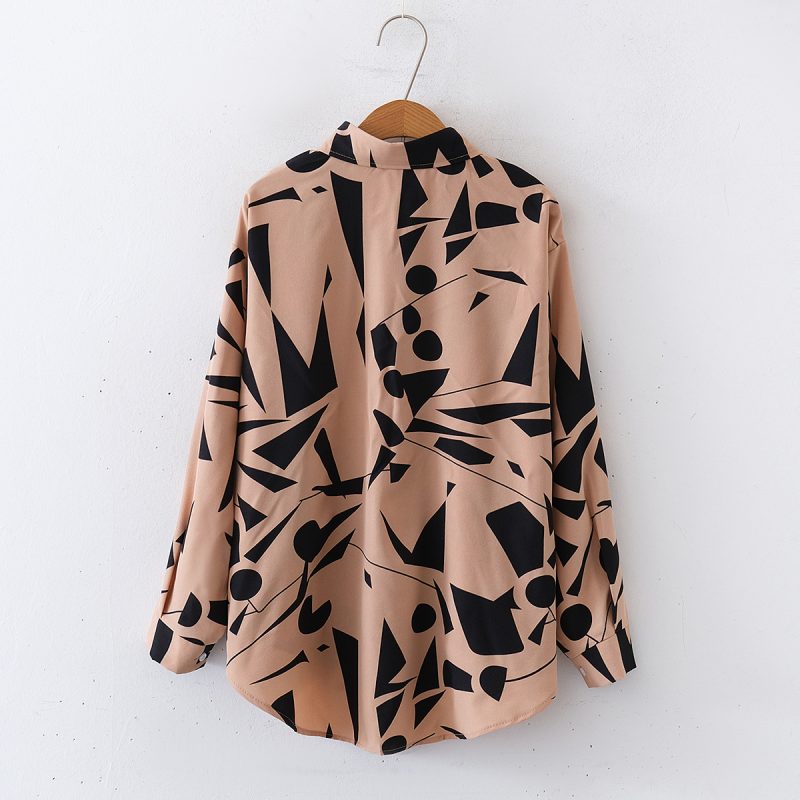 Geometric Print Loose Collared Long Sleeve Shirt - Women’s Top - Image 2