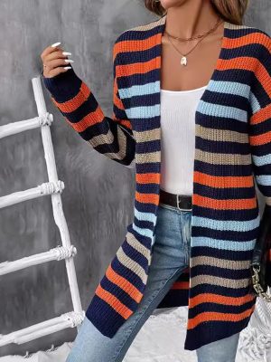 Classic Striped V-Neck Cardigan – Loose Knit Sweater