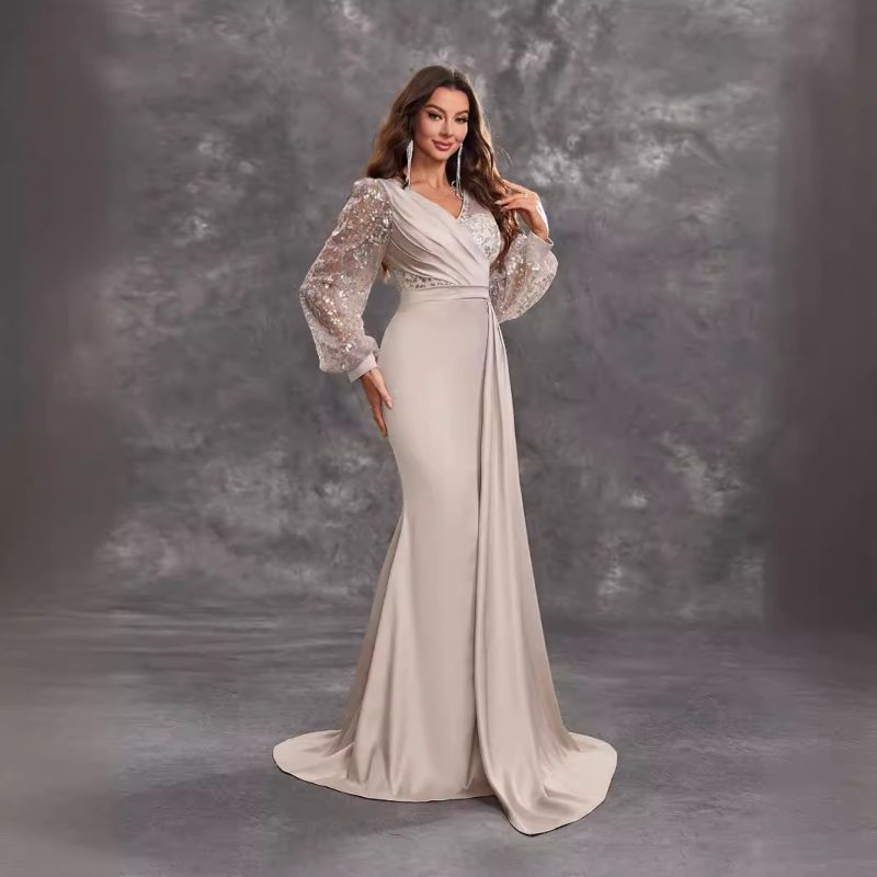Elegant V-Neck Sequined Satin Long Sleeve Evening Gown for Women - Image 5
