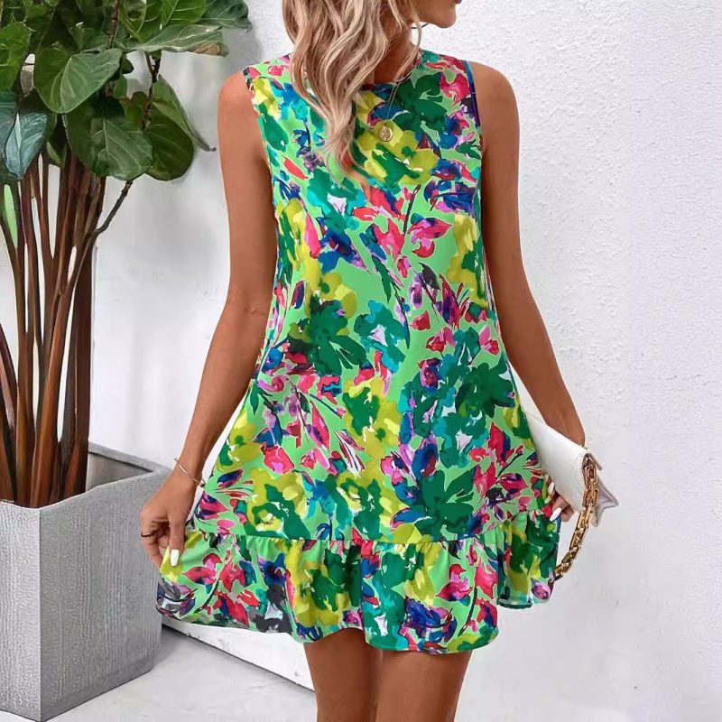 Elegant Summer Floral Print Ruffled Sleeveless Dress - Image 3