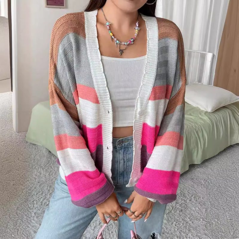 Striped Cardigan Coat - Buckle-Free Knit for Autumn/Winter - Image 4
