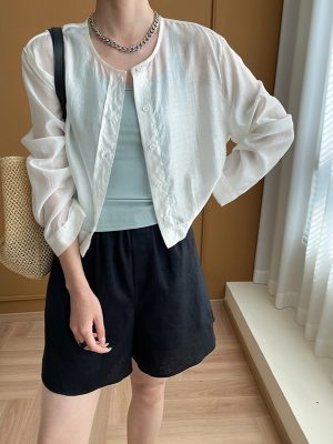 Summer Lightweight Tencel Round Neck Single-Breasted Sun Protection Short Cardigan