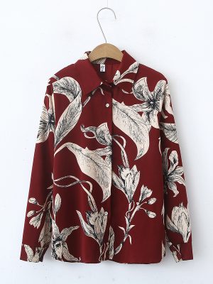 Floral Print Collared Long Sleeve Shirt – Women’s Loose Fit Top