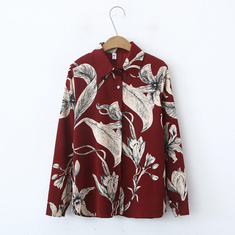 Floral Print Collared Long Sleeve Shirt - Women’s Loose Fit Top