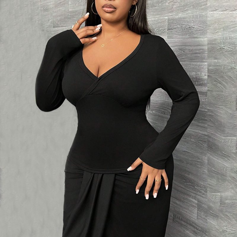 Plus Size Solid Color Long Sleeve T-Shirt - Autumn/Winter - Image 3