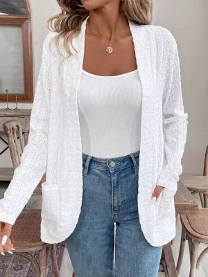 Solid Color Lace Jacket – Double Pocket Long Sleeve Open Coat