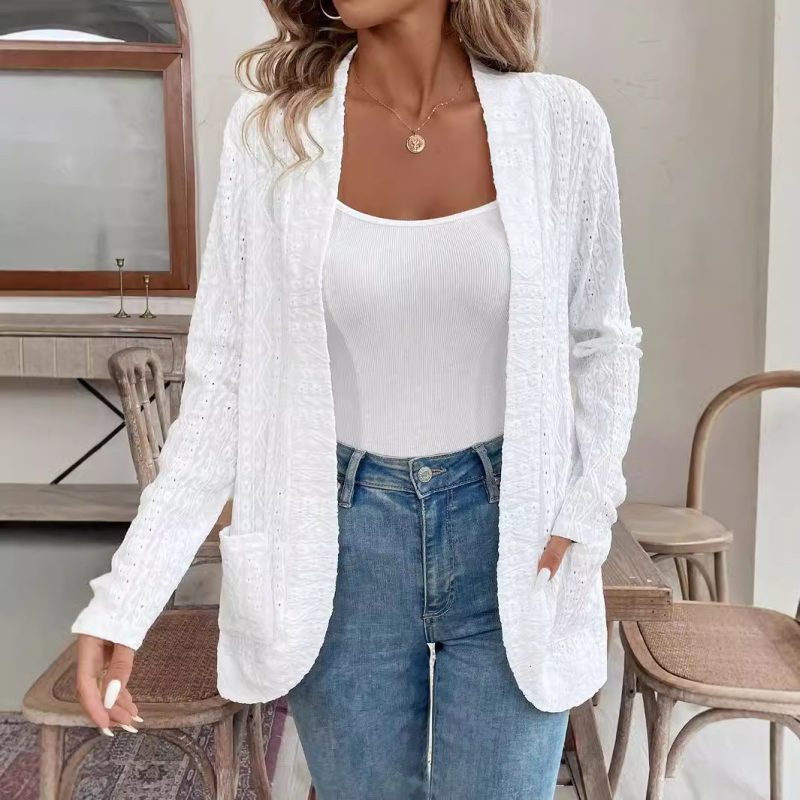 Solid Color Lace Jacket - Double Pocket Long Sleeve Open Coat