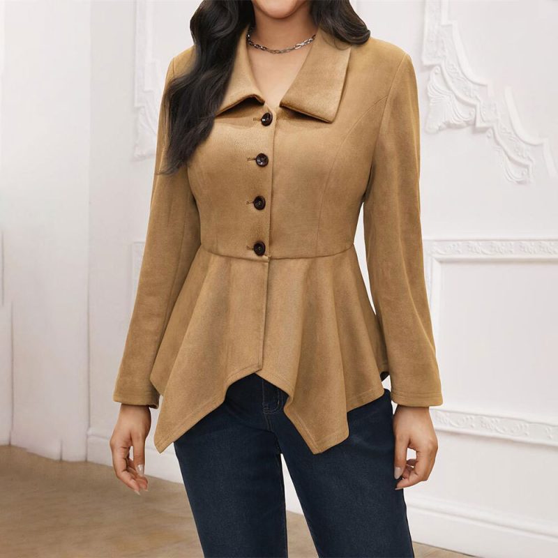Elegant Asymmetric Suede Jacket - Collared & Loose Long Sleeve