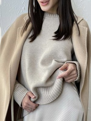 Khaki Round Neck Sweater – Loose Knit Autumn Winter Top