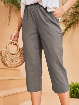 Elastic Waist Cropped Pants – Solid Color Casual Commuting