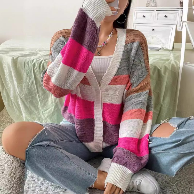 Striped Cardigan Coat - Buckle-Free Knit for Autumn/Winter - Image 2